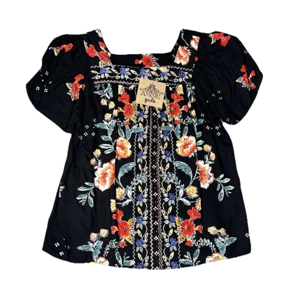 Angie Girls Black Floral Tunic Top Loose Fit Small NWT